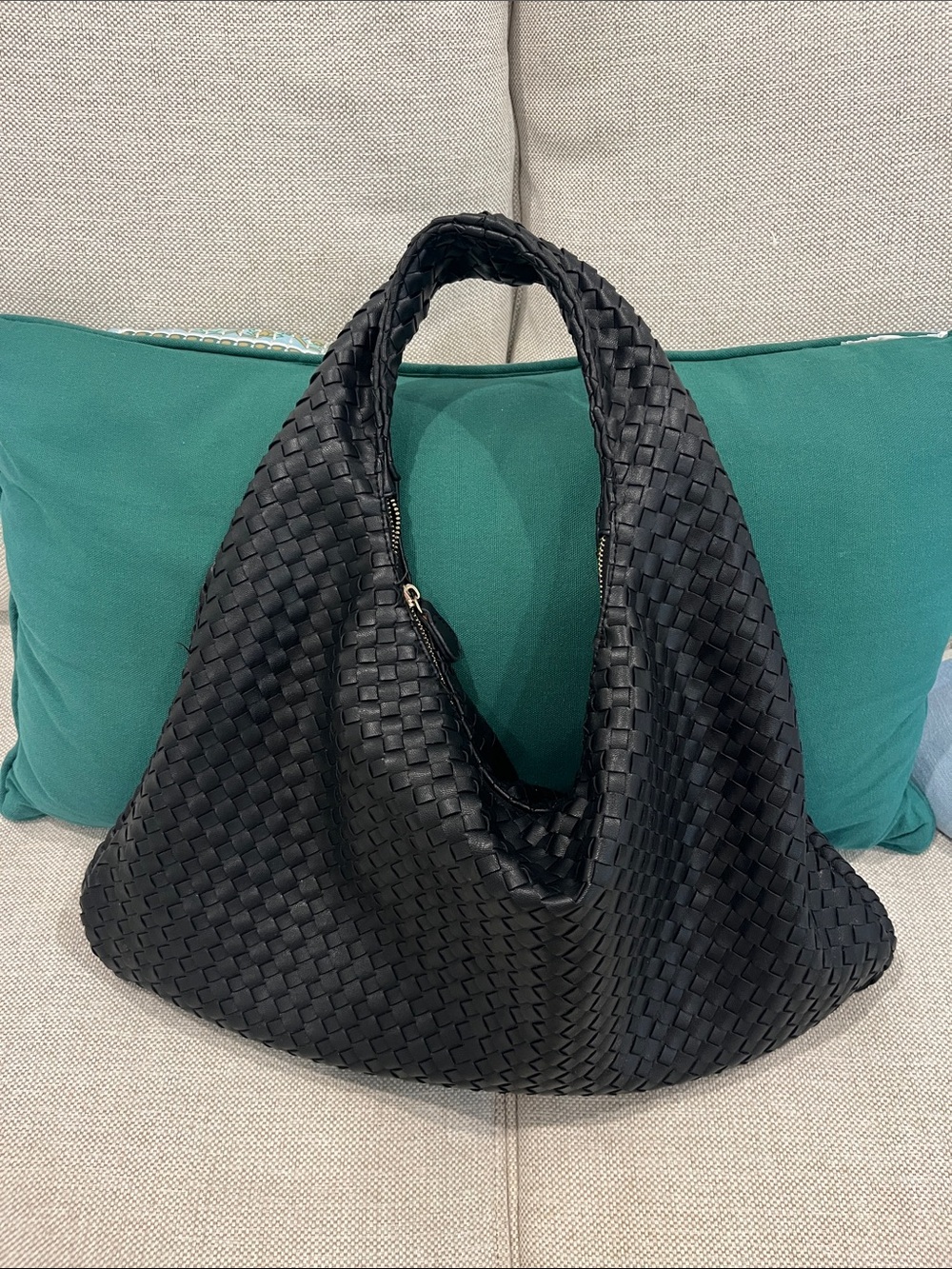 Black Woven Hobo Shoulder Bag-Soft Faux Leather-Gold Color Zipper